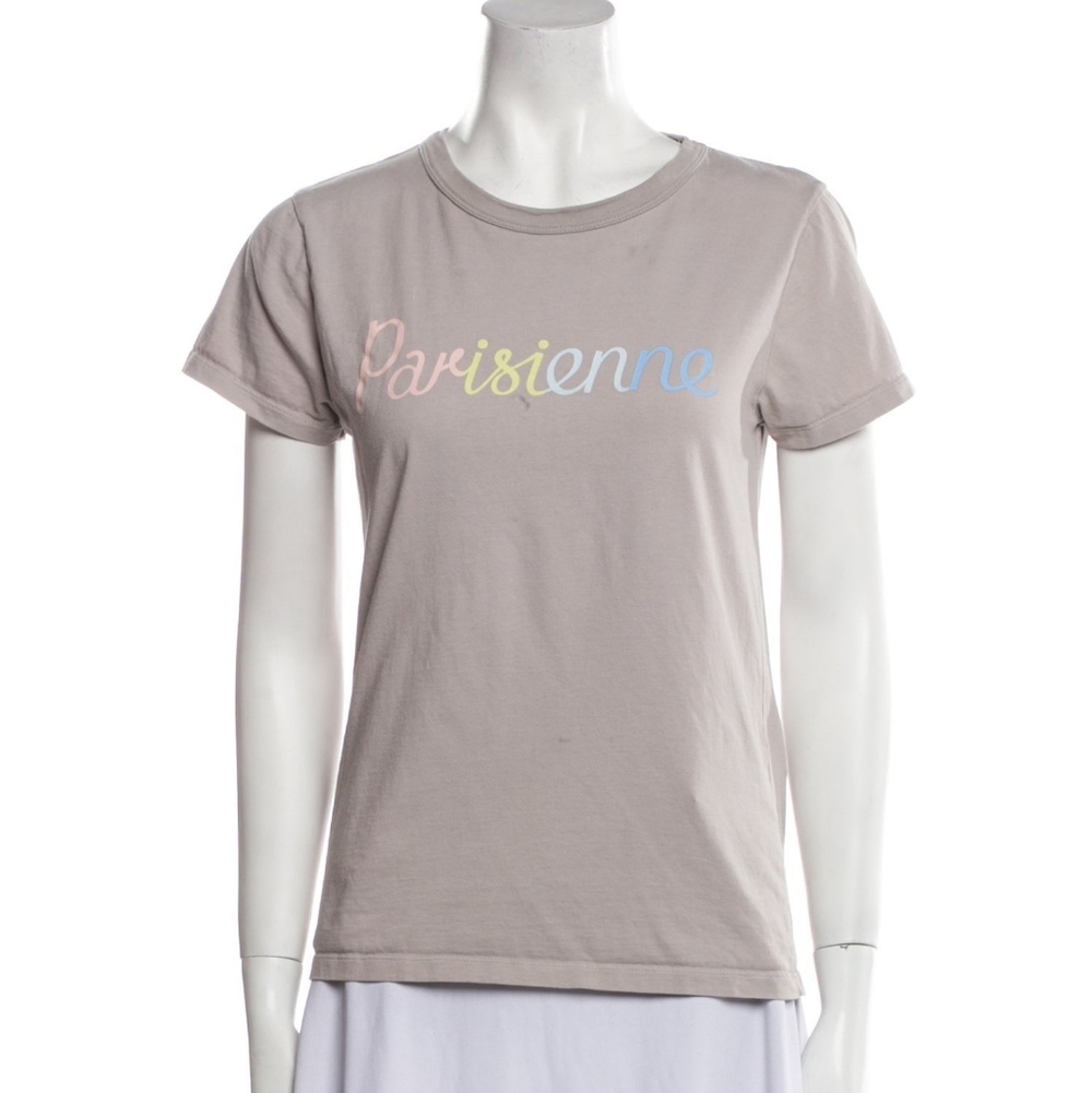 MAISON KITSUNE Taupe Parisienne Tee W/ Pastel Rainbow Logo Size XS